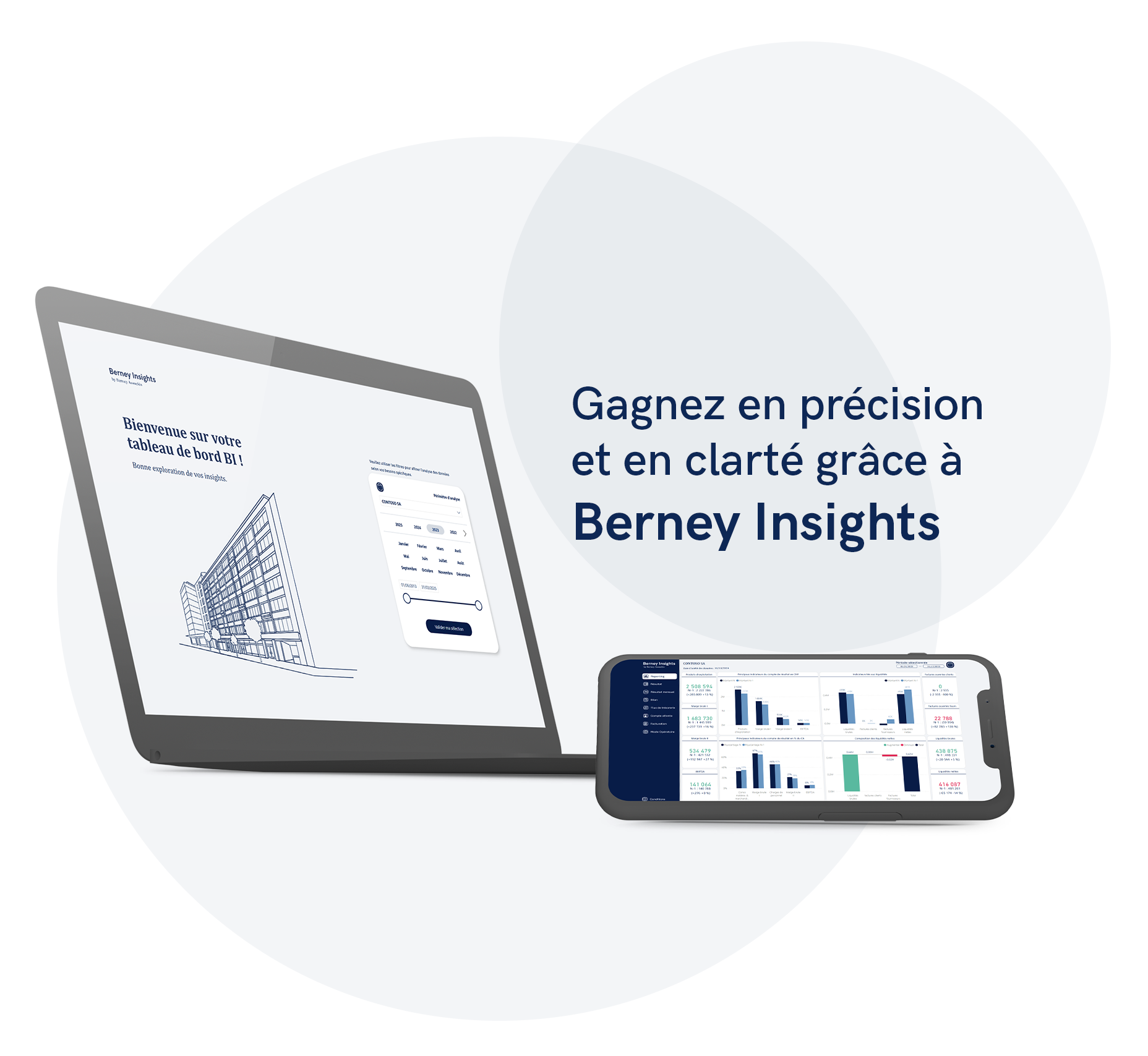 Représentation de Berney Insights sur un écran mobile et un écran d'ordinateur